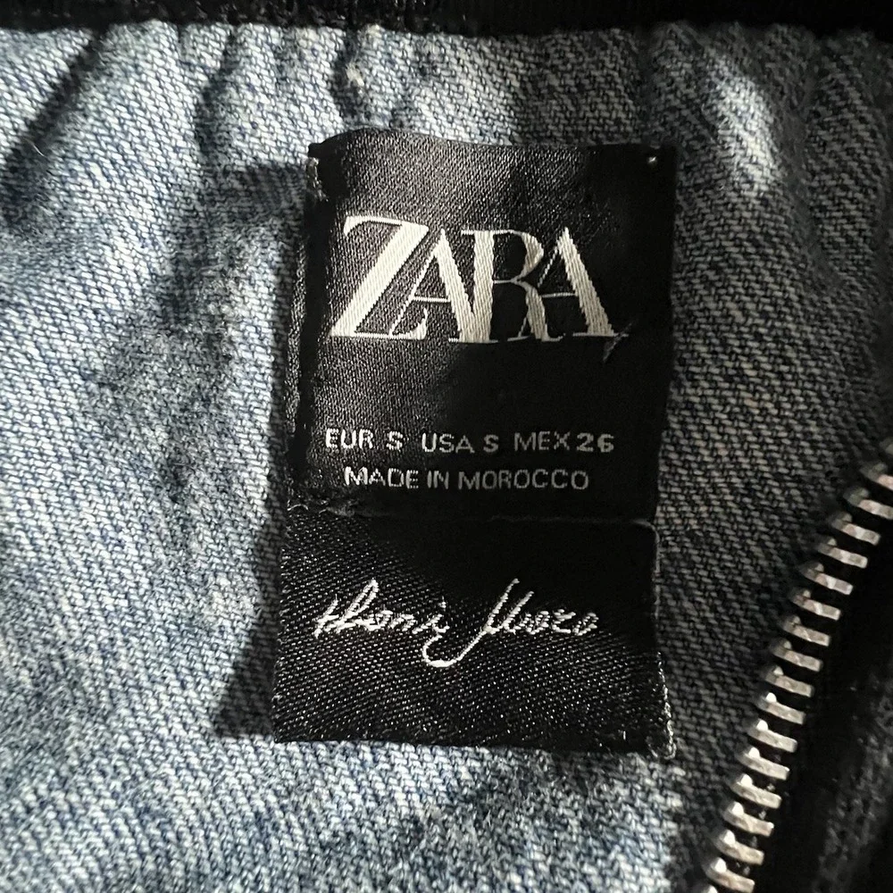 ZARA‎ Denim Hoodie Women S Blue Black Women in Art Graphic Hybrid Jacket SS19